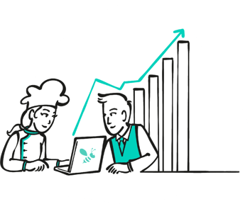 Ilustración de MyBeezBox: un cocinero y un hombre ante un gráfico de ventas en crecimiento